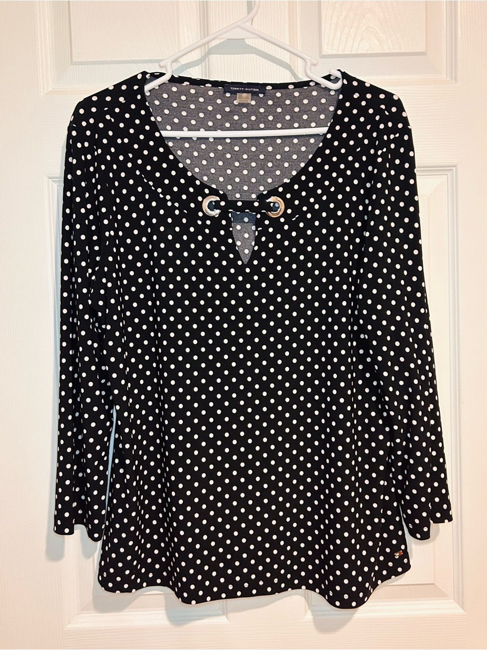 Tommy Hilfiger Polka Dot Long-Sleeve Top with Grommet Detail - Black/White